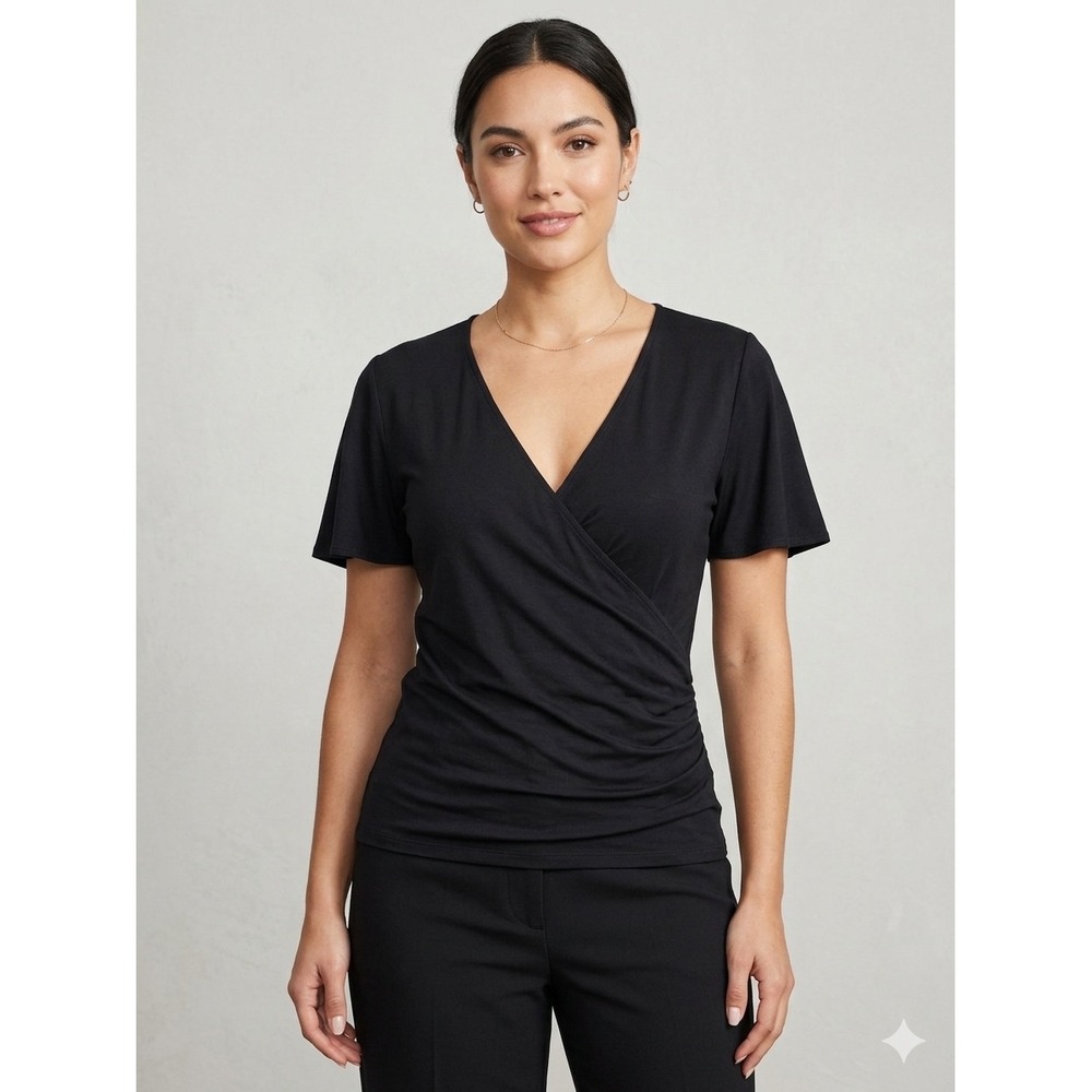 Ralph Lauren Silk Faux Wrap Top Surplice Womens M Flutter Sleeve Quiet Luxury